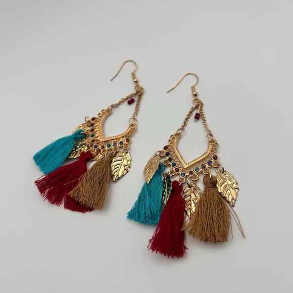 Handmade Multi-colored Tassel Gold Leaf Hook Earrings - Picture 4 of 6